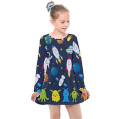 Big Set Cute Astronauts Space Planets Stars Aliens Rockets Ufo Constellations Satellite Moon Rover V Kids  Long Sleeve Dress by Bedest