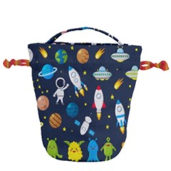 Big Set Cute Astronauts Space Planets Stars Aliens Rockets Ufo Constellations Satellite Moon Rover V Drawstring Bucket Bag by Bedest