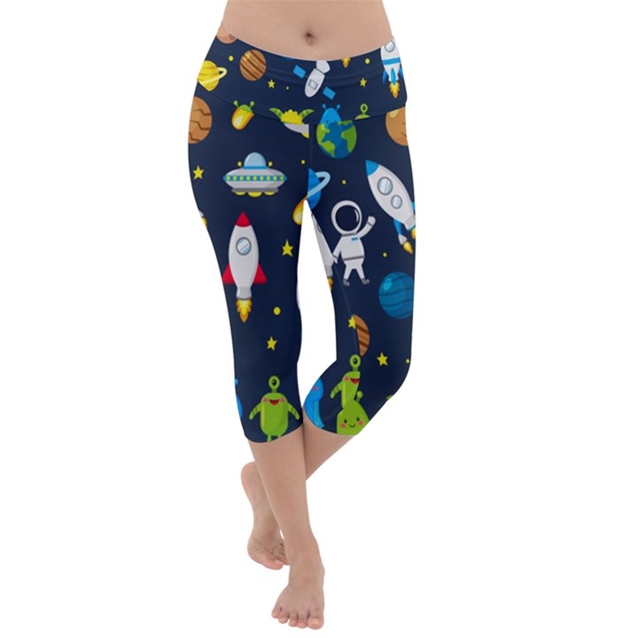 Big Set Cute Astronauts Space Planets Stars Aliens Rockets Ufo Constellations Satellite Moon Rover V Lightweight Velour Capri Yoga Leggings