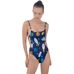 Big Set Cute Astronauts Space Planets Stars Aliens Rockets Ufo Constellations Satellite Moon Rover V Tie Strap One Piece Swimsuit by Bedest