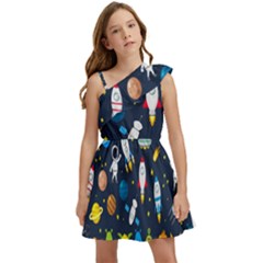 Big Set Cute Astronauts Space Planets Stars Aliens Rockets Ufo Constellations Satellite Moon Rover V Kids  One Shoulder Party Dress by Bedest