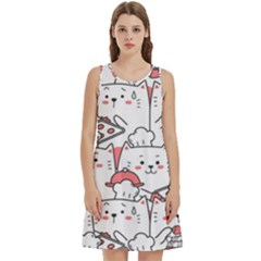 Cute Cat Chef Cooking Seamless Pattern Cartoon Round Neck Sleeve Casual Dress With Pockets