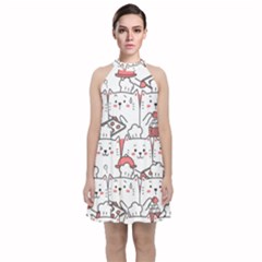 Cute Cat Chef Cooking Seamless Pattern Cartoon Velvet Halter Neckline Dress 