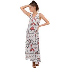 Cute Cat Chef Cooking Seamless Pattern Cartoon V-neck Chiffon Maxi Dress by Bedest