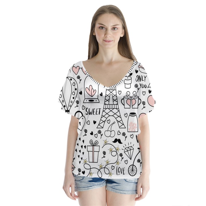 Big Collection With Hand Drawn Objects Valentines Day V-Neck Flutter Sleeve Top