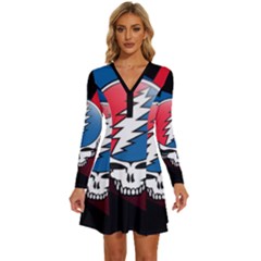 Grateful Dead Big Skull Long Sleeve Deep V Mini Dress  by Bedest