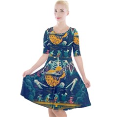 Grateful Dead Singing Skeleton Quarter Sleeve A-line Dress With Pockets