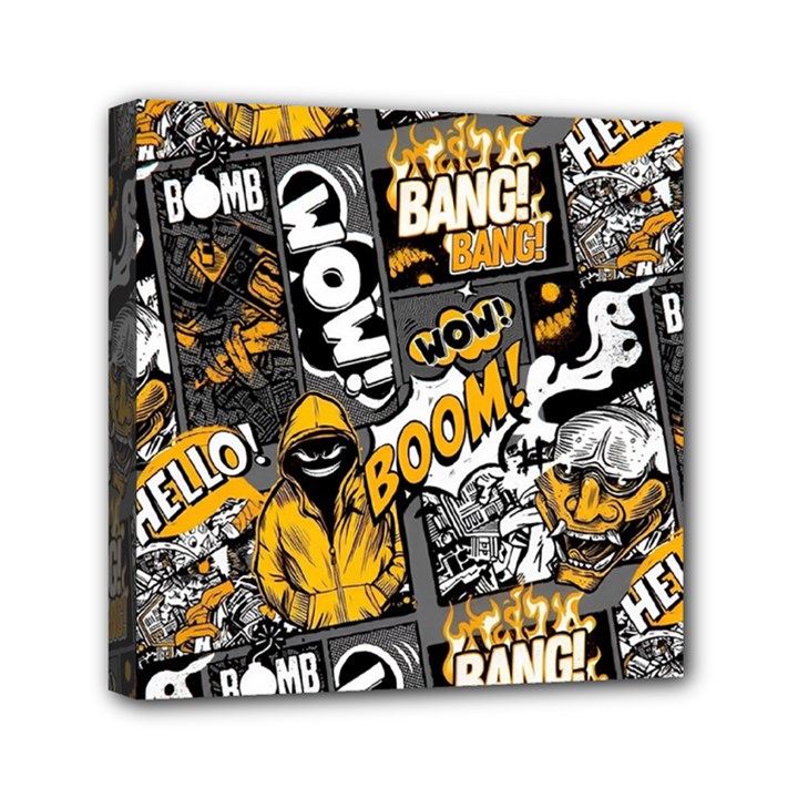 Boom Bang Art Crazy Drawing Graffiti Hello Retro Sayings Yellow Mini Canvas 6  x 6  (Stretched)