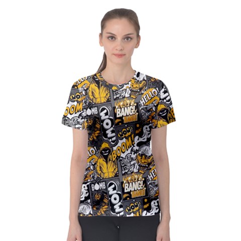 Boom Bang Art Crazy Drawing Graffiti Hello Retro Sayings Yellow Women s Sport Mesh T-shirt by Bedest