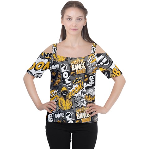 Boom Bang Art Crazy Drawing Graffiti Hello Retro Sayings Yellow Cutout Shoulder T-shirt by Bedest