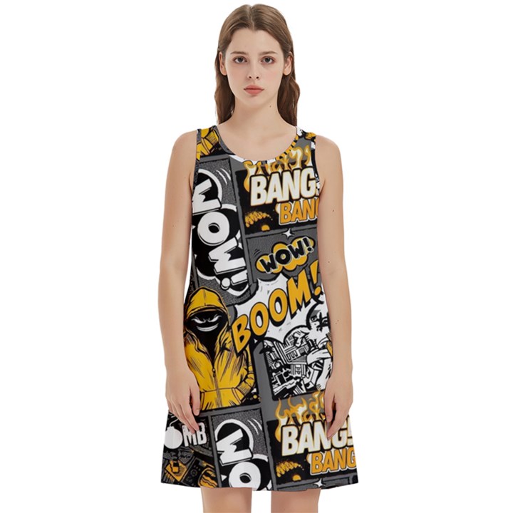 Boom Bang Art Crazy Drawing Graffiti Hello Retro Sayings Yellow Round Neck Sleeve Casual Dress With Pockets