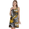 Boom Bang Art Crazy Drawing Graffiti Hello Retro Sayings Yellow Round Neck Sleeve Casual Dress With Pockets View3