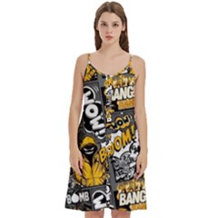 Boom Bang Art Crazy Drawing Graffiti Hello Retro Sayings Yellow Women s Spaghetti Strap Pullover Cami Dress