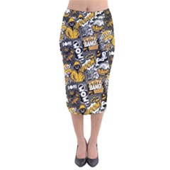 Boom Bang Art Crazy Drawing Graffiti Hello Retro Sayings Yellow Velvet Midi Pencil Skirt by Bedest