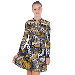 Boom Bang Art Crazy Drawing Graffiti Hello Retro Sayings Yellow Long Sleeve Panel Dress by Bedest