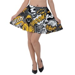 Boom Bang Art Crazy Drawing Graffiti Hello Retro Sayings Yellow Velvet Skater Skirt