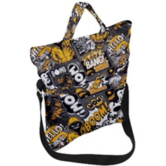 Boom Bang Art Crazy Drawing Graffiti Hello Retro Sayings Yellow Fold Over Handle Tote Bag by Bedest