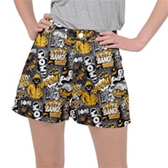 Boom Bang Art Crazy Drawing Graffiti Hello Retro Sayings Yellow Women s Ripstop Shorts by Bedest