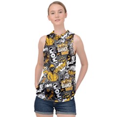 Boom Bang Art Crazy Drawing Graffiti Hello Retro Sayings Yellow High Neck Satin Top by Bedest