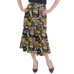 Boom Bang Art Crazy Drawing Graffiti Hello Retro Sayings Yellow Midi Mermaid Skirt by Bedest