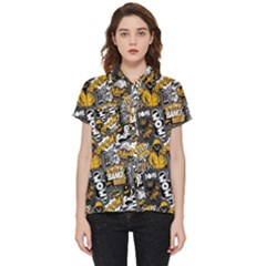 Boom Bang Art Crazy Drawing Graffiti Hello Retro Sayings Yellow Short Sleeve Pocket Shirt by Bedest