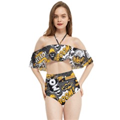 Boom Bang Art Crazy Drawing Graffiti Hello Retro Sayings Yellow Halter Flowy Bikini Set  by Bedest