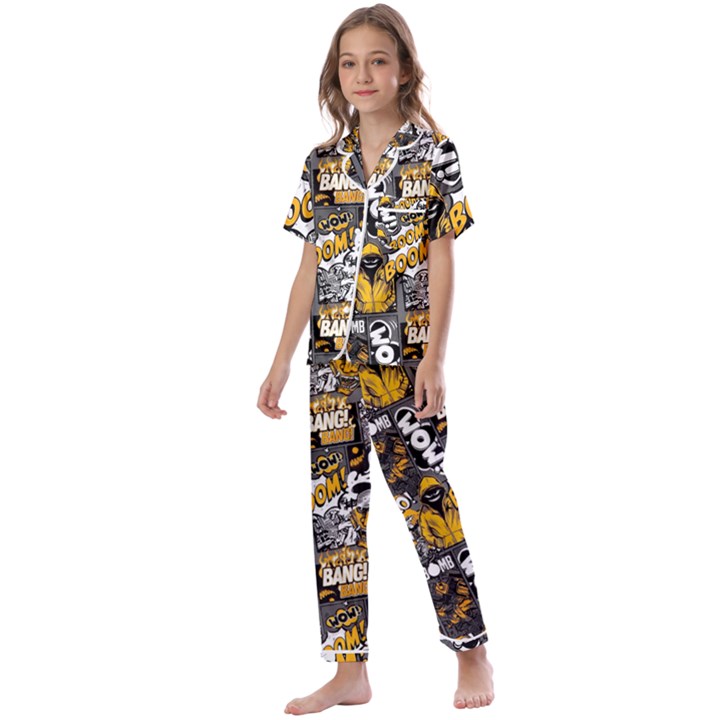 Boom Bang Art Crazy Drawing Graffiti Hello Retro Sayings Yellow Kids  Satin Short Sleeve Pajamas Set