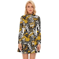 Boom Bang Art Crazy Drawing Graffiti Hello Retro Sayings Yellow Long Sleeve Velour Longline Dress by Bedest