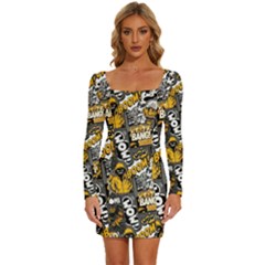 Boom Bang Art Crazy Drawing Graffiti Hello Retro Sayings Yellow Long Sleeve Square Neck Bodycon Velvet Dress by Bedest