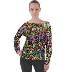 Graffiti Word Seamless Pattern Off Shoulder Long Sleeve Velour Top by Bedest