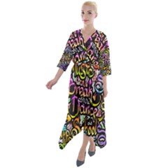 Graffiti Word Seamless Pattern Quarter Sleeve Wrap Front Maxi Dress