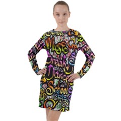 Graffiti Word Seamless Pattern Long Sleeve Hoodie Dress