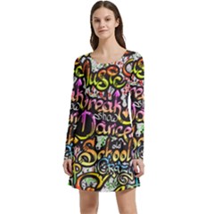 Graffiti Word Seamless Pattern Long Sleeve Velour Skater Dress by Bedest