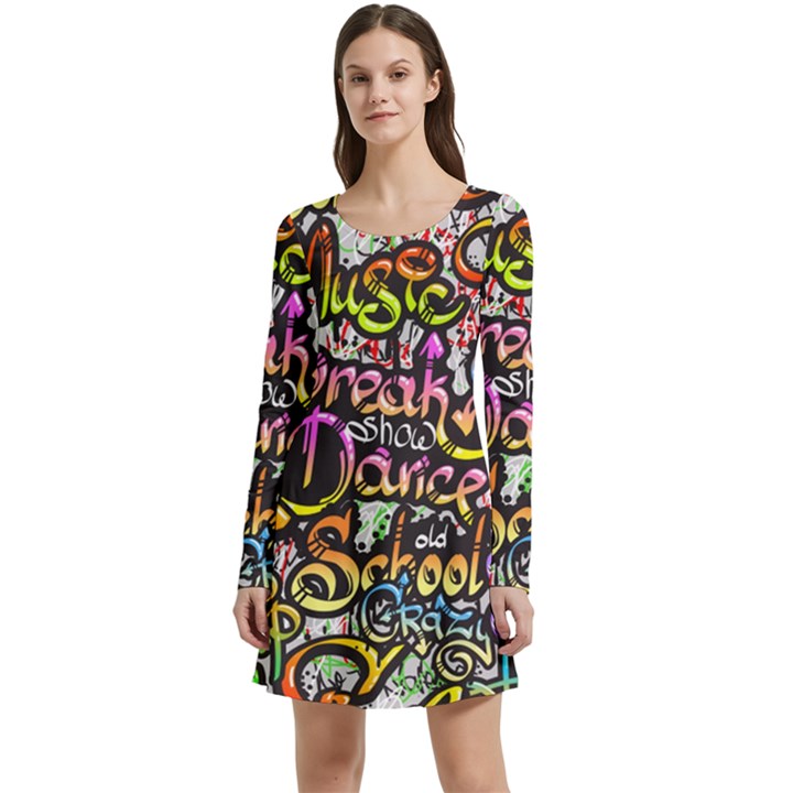 Graffiti Word Seamless Pattern Long Sleeve Velour Skater Dress