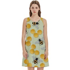 Bees Pattern Honey Bee Bug Honeycomb Honey Beehive Round Neck Sleeve Casual Dress With Pockets