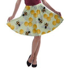 Bees Pattern Honey Bee Bug Honeycomb Honey Beehive A-line Skater Skirt by Bedest