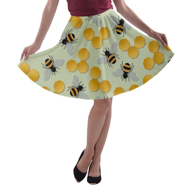 Bees Pattern Honey Bee Bug Honeycomb Honey Beehive A-line Skater Skirt