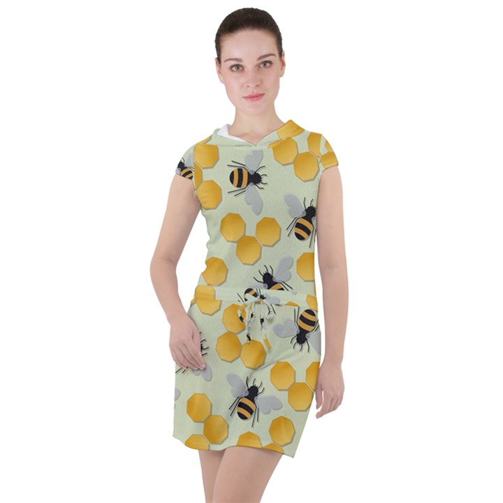 Bees Pattern Honey Bee Bug Honeycomb Honey Beehive Drawstring Hooded Dress