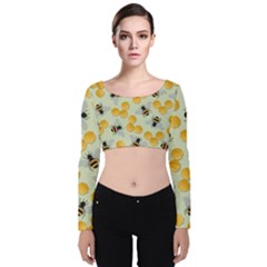 Bees Pattern Honey Bee Bug Honeycomb Honey Beehive Velvet Long Sleeve Crop Top by Bedest