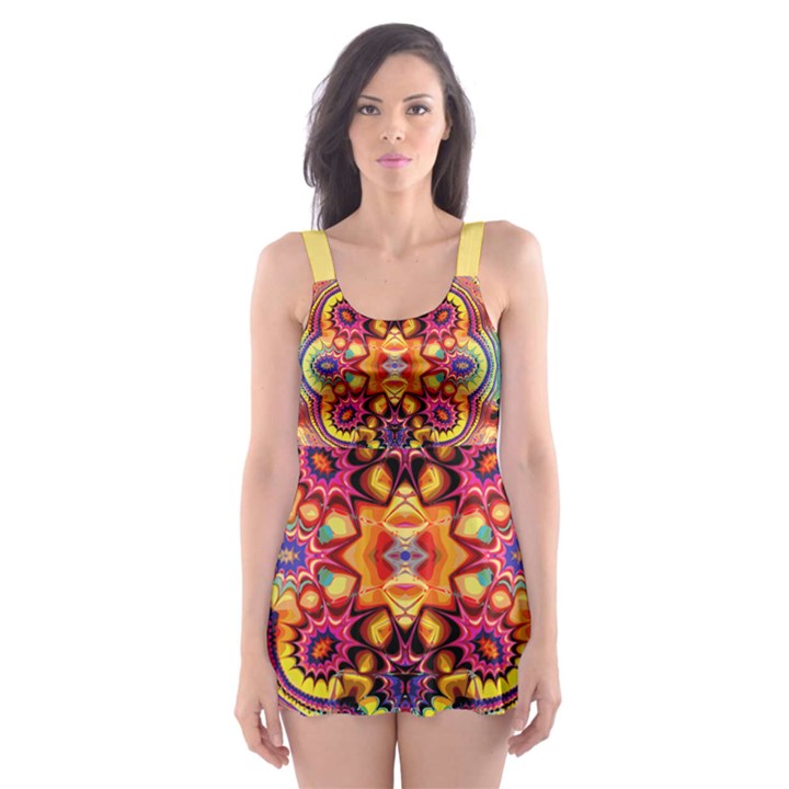 Gelb floral Skater Dress Swimsuit