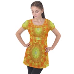 Sunshine Sunny Sun Abstract Yellow Puff Sleeve Tunic Top by Ravend