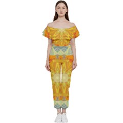 Sunshine Sunny Sun Abstract Yellow Bardot Ruffle Jumpsuit by Ravend