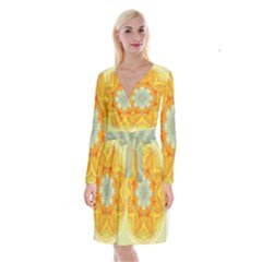 Sunshine Sunny Sun Abstract Yellow Long Sleeve Velvet Front Wrap Dress by Ravend