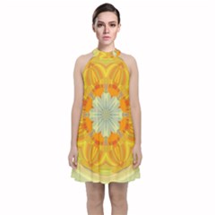 Sunshine Sunny Sun Abstract Yellow Velvet Halter Neckline Dress 