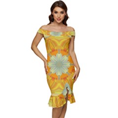 Sunshine Sunny Sun Abstract Yellow Off Shoulder Ruffle Split Hem Bodycon Dress by Ravend