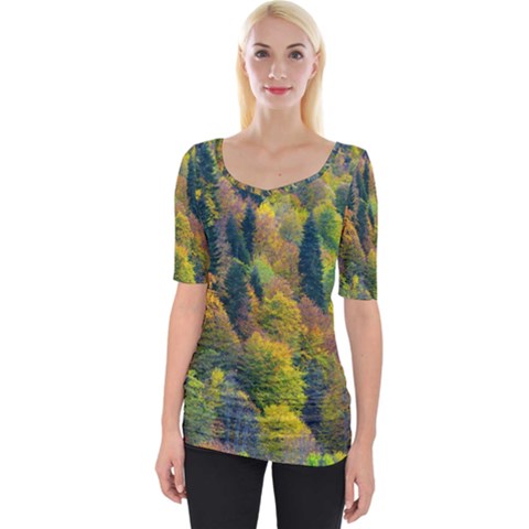 Forest Trees Leaves Fall Autumn Nature Sunshine Wide Neckline T-shirt by Ravend