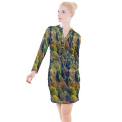 Forest Trees Leaves Fall Autumn Nature Sunshine Button Long Sleeve Dress by Ravend