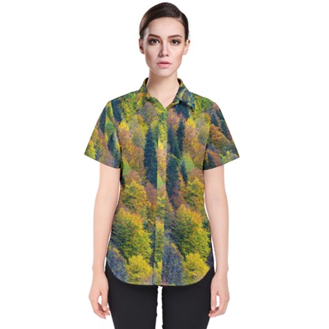 Forest Trees Leaves Fall Autumn Nature Sunshine Women s Short Sleeve Shirt by Ravend