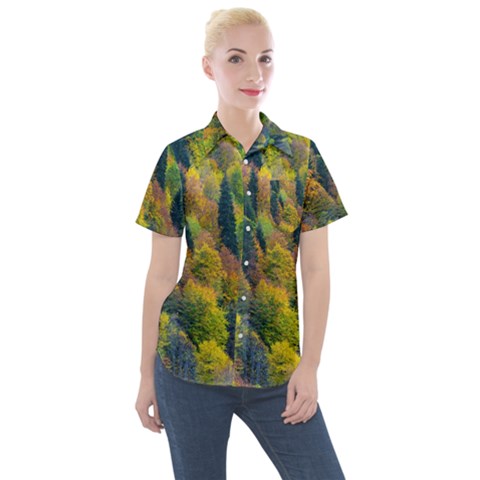 Forest Trees Leaves Fall Autumn Nature Sunshine Women s Short Sleeve Pocket Shirt by Ravend