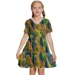 Forest Trees Leaves Fall Autumn Nature Sunshine Kids  Short Sleeve Tiered Mini Dress by Ravend